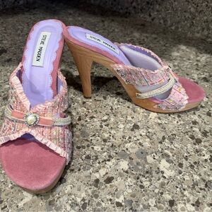 NWOT Steve Madden Pink Tweed Bow-Accent High Heel Mules